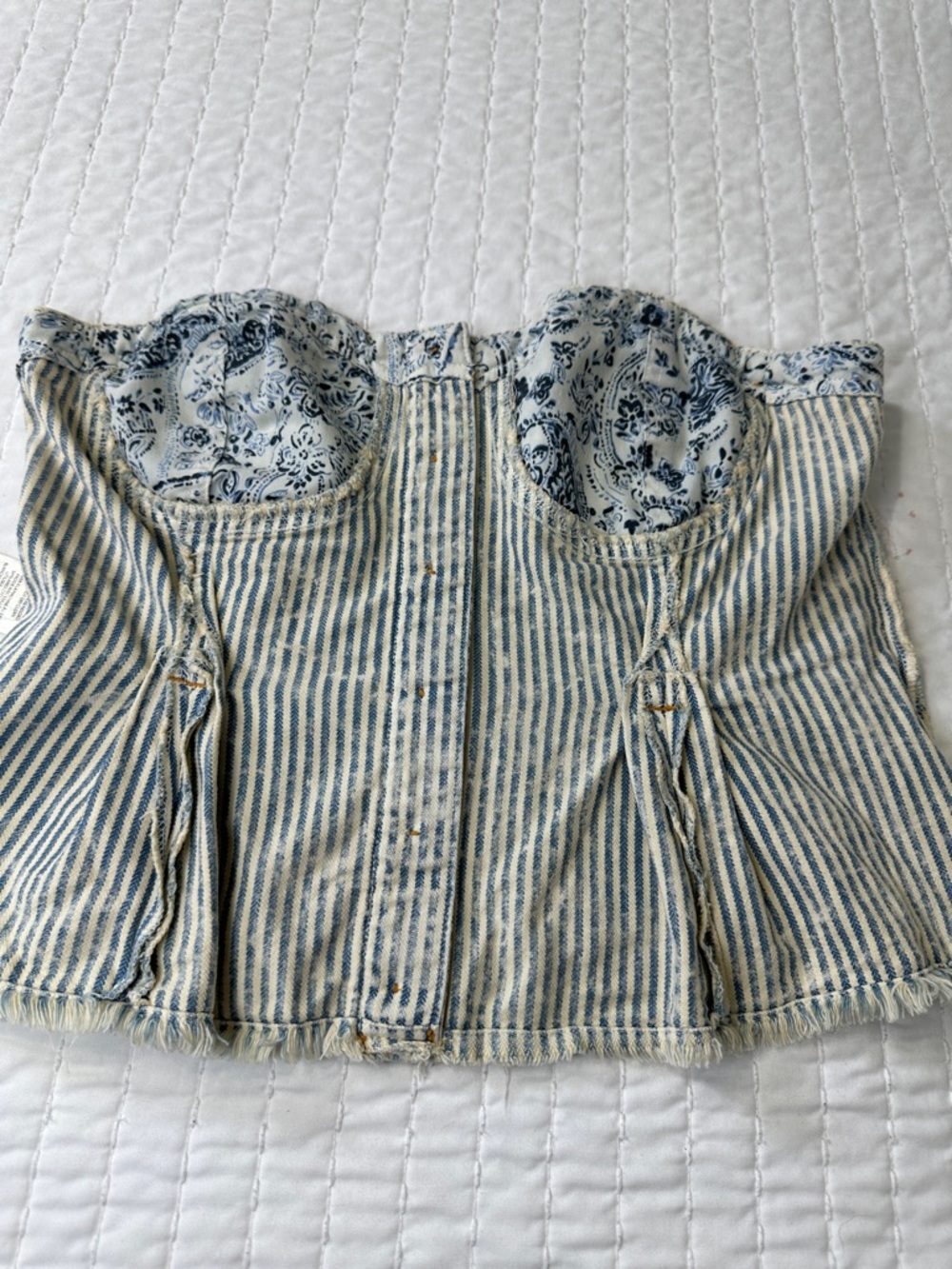 Pilcro By Anthropologie Cream And Faded Blue Striped Strapless Peplum Corset Top - Picture 11 of 16